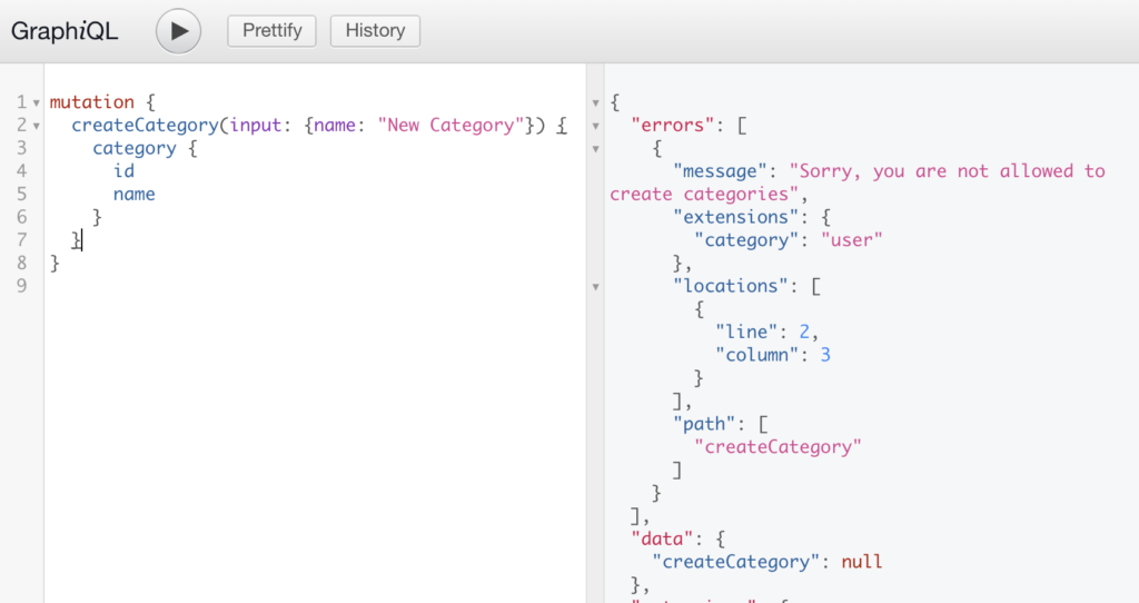 Screenshot of an unsuccessful GraphQL mutation to create a Category term
