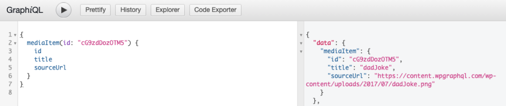 Screenshot of a query for a Media Item using the global ID