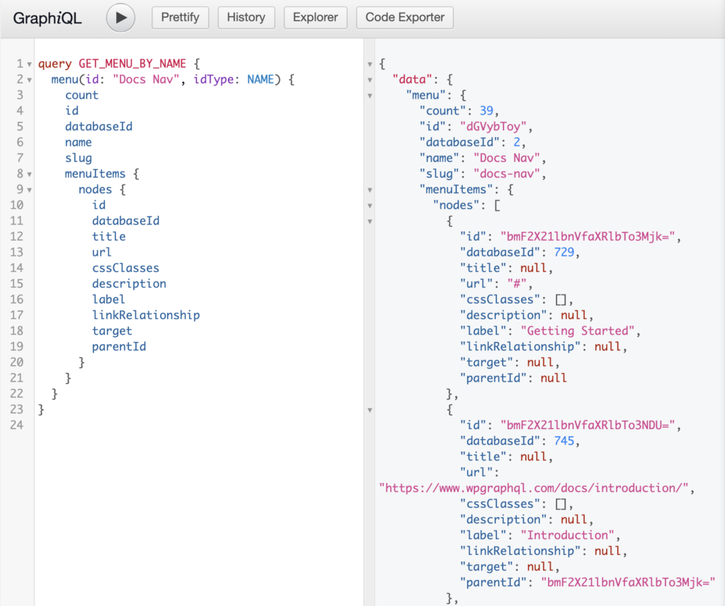 Screenshot of a GraphQL Query for a Menu identified by its Name