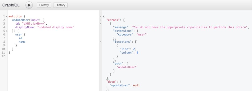 Screenshot of an unsuccessful GraphQL Mutation to update a user