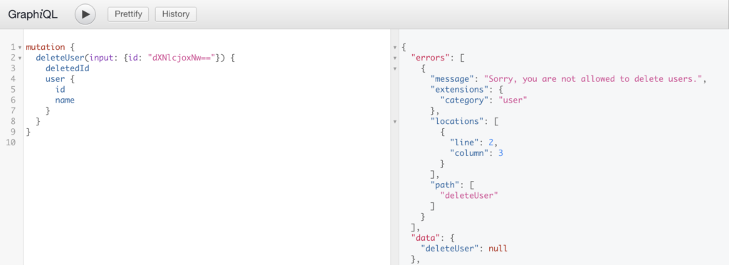 Screenshot of an unsuccessful GraphQL Mutation to delete a user
