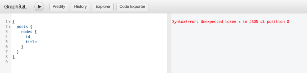 Screenshot of a query in GraphiQL IDE returning a SyntaxError.
