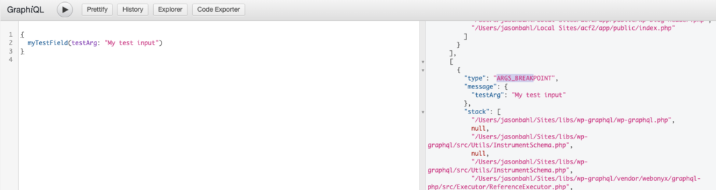 Screenshot showing the output of graphql_debug()