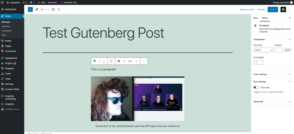 Screenshot showing the Gutenberg editor with a paragraph and image block.