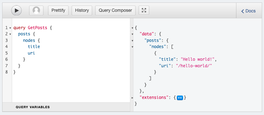 Screenshot of the GraphiQL IDE executing a query for posts and showing the JSON response from the query.